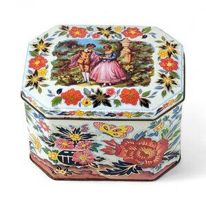 Vintage Daher Tea Tin Decorative Storage Floral Courting Couple Made in England